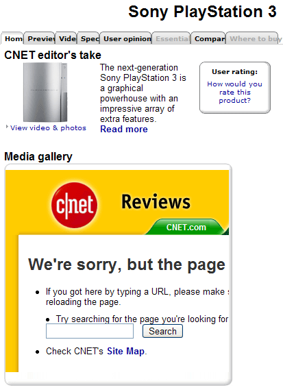 CNET error screenshot
